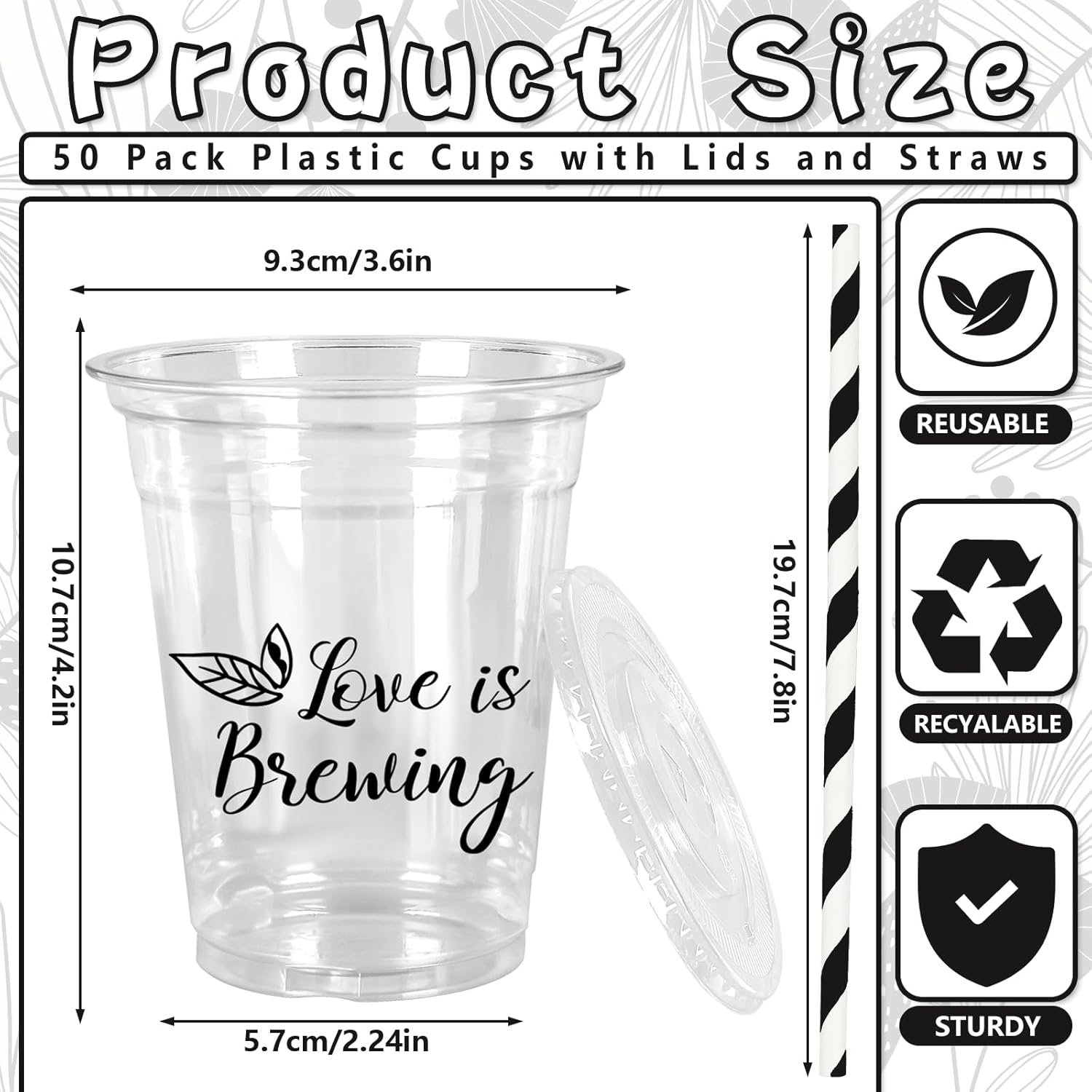 Egyedi logós 50 db Love is Brewing fekete 12 oz műanyag poharak fedéllel szívószállal lánybúcsús esküvői menyasszonyi bulira saját márkás gyártó