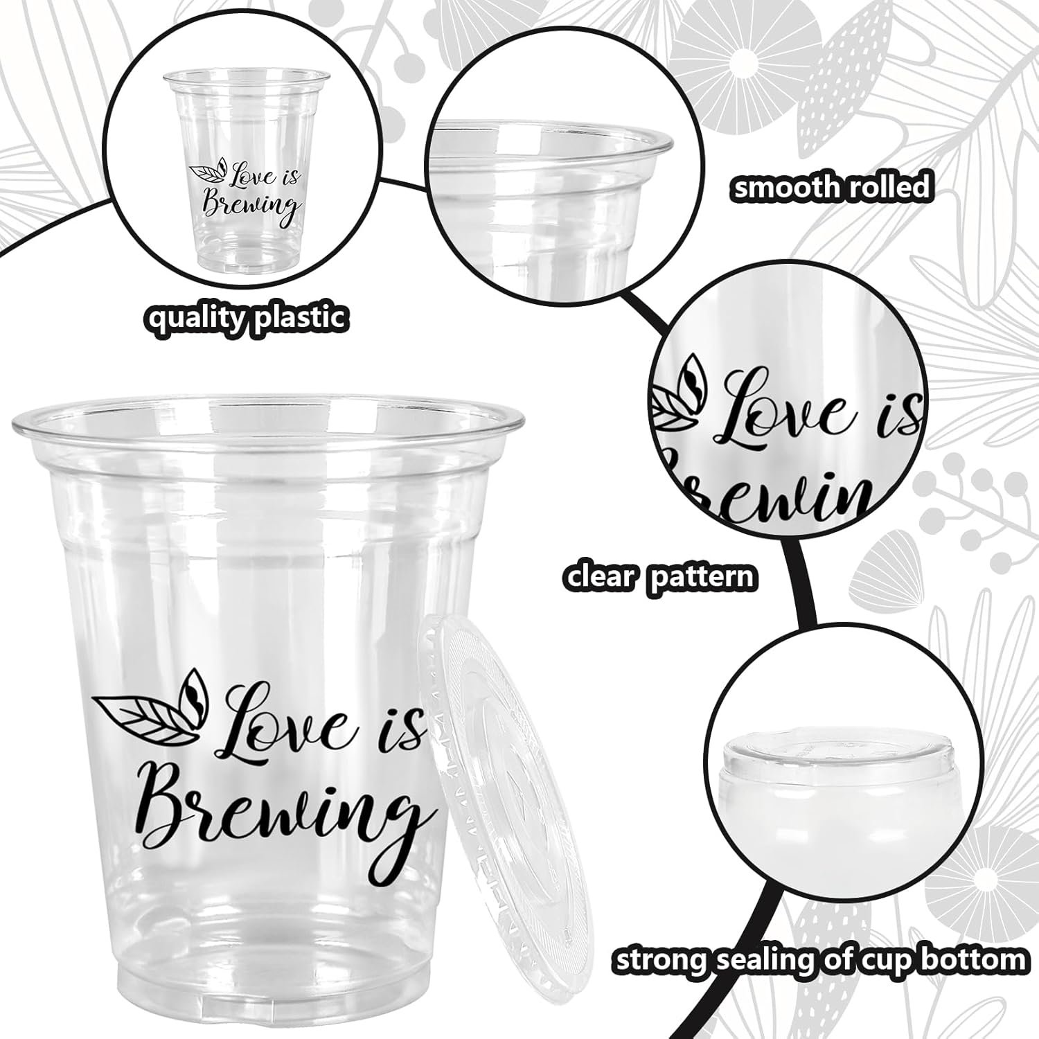 Egyedi logós 50 db Love is Brewing fekete 12 oz műanyag poharak fedéllel szívószállal lánybúcsús esküvői menyasszonyi bulira saját márkás gyártó