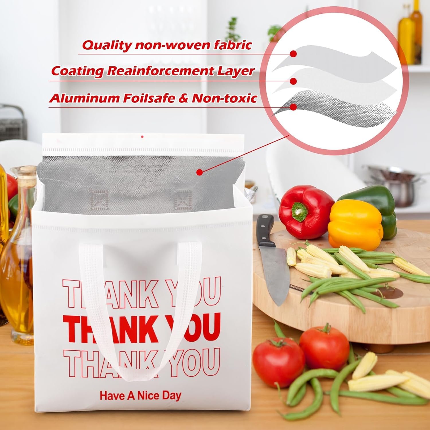 Saját Márkás 80 db Köszönöm feliratos hőszigetelő táskák ételkiszállításra 24x24x15 cm termikus szigetelés hideg meleg ételekhez pizzához kávéhoz tejhez catering piknik utazáshoz egyedi logóval fehér gyárból