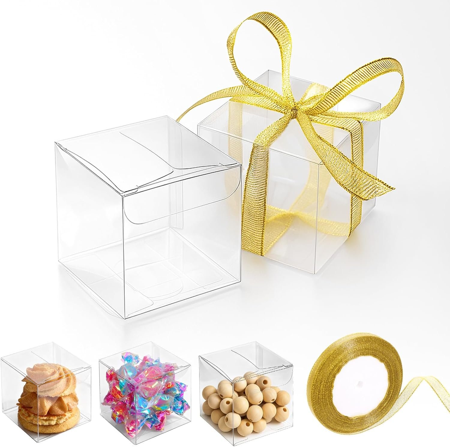 Egyedi Logós 200 db Átlátszó Szalaggal Mini Kocka Favor Dobozok 5x5x5 cm Saját Márkás Műanyag Cukorkatartók Macaron Esküvő Babazuhany Születésnap Party Favorokhoz Gyártótól