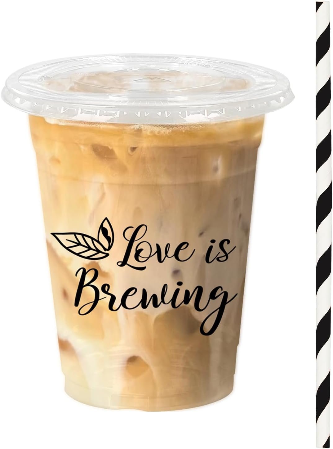 Egyedi logós 50 db Love is Brewing fekete 12 oz műanyag poharak fedéllel szívószállal lánybúcsús esküvői menyasszonyi bulira saját márkás gyártó