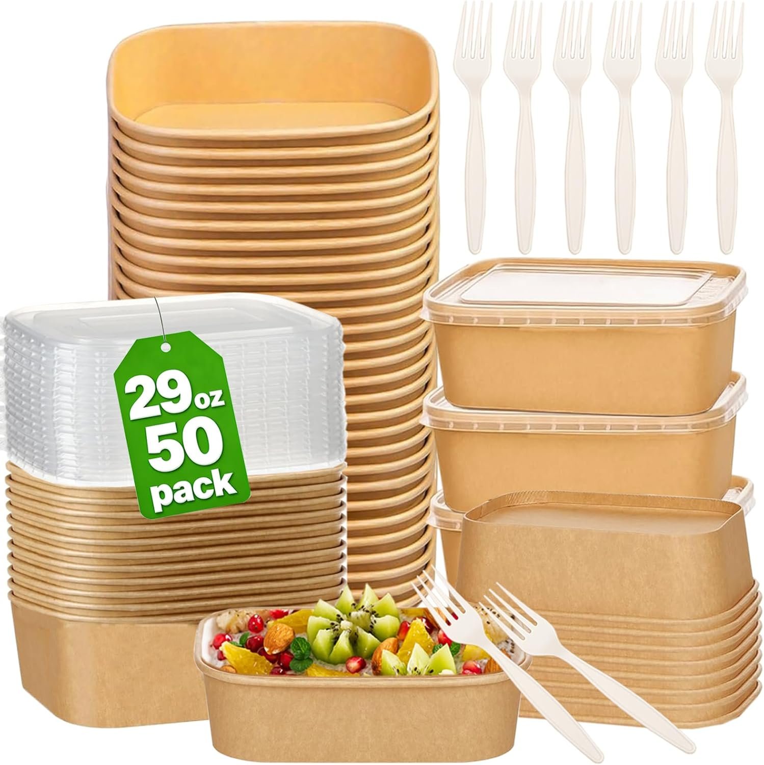 Egyedi logós 50 db-os 29 oz egyszer használatos kraft papír tálak tetővel és villával – saját márkás mikrohullámú fagyasztó elvitelre meleg/hideg ételekhez gyártótól