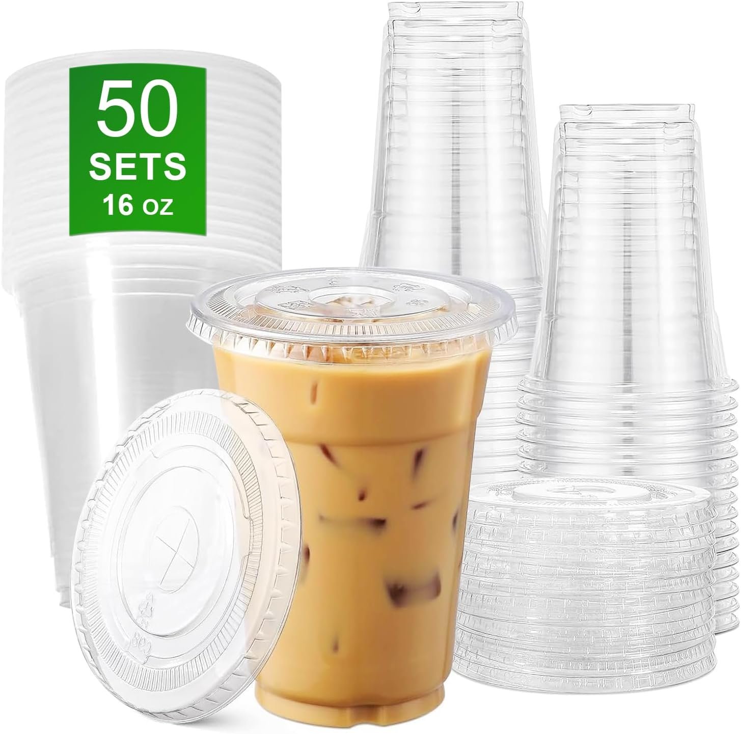 Egyedi logós lapos fedeles átlátszó PET poharak 16oz 50 szett (100 db) saját márkás kristály party poharak jeges kávéhoz smoothie-hoz milkshake-hez gyümölcsléhez desszerthez elvitelre és hideg italokhoz megbízható gyártótól