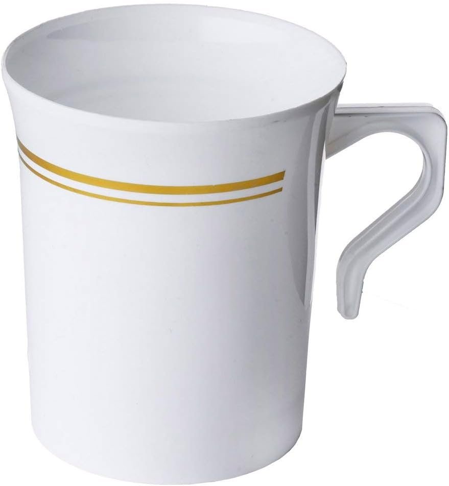Közvetlen Gyártó 50 db Nehéz Súlyú Egyszer Használatos Fehér Műanyag 8 oz Kávéscsészék Arany Szegéllyel Egyedi Logóval Fogantyús Tea Cappuccino Espresso Csészék Saját Márkás (50 Csomag)