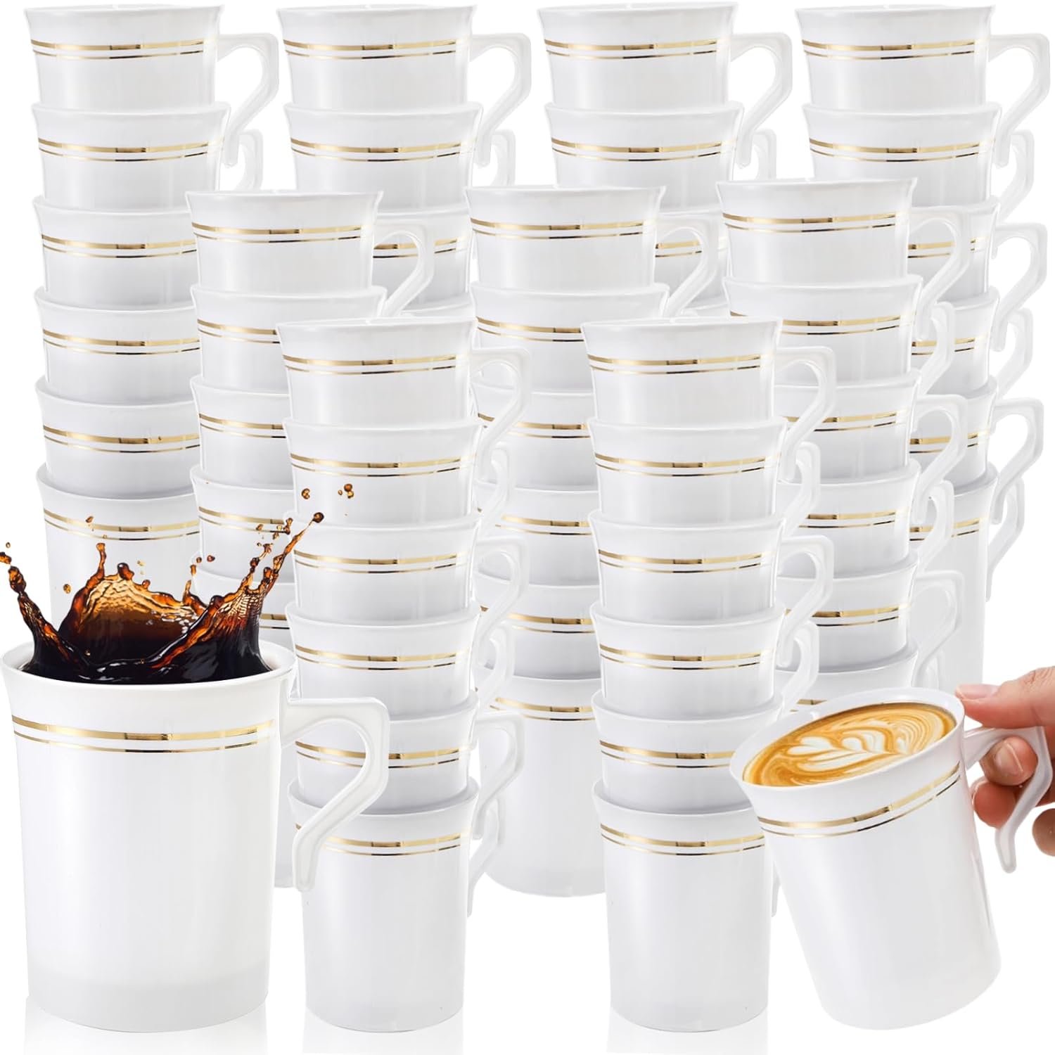 Saját Márkás 48 db 8 oz fogantyús arany peremű nehéz súlyú műanyag kávéscsészék egyedi logóval esküvőkre kávézókba menyasszonyi zuhanyra eljegyzési partira kempingre utazásra fehér gyártótól