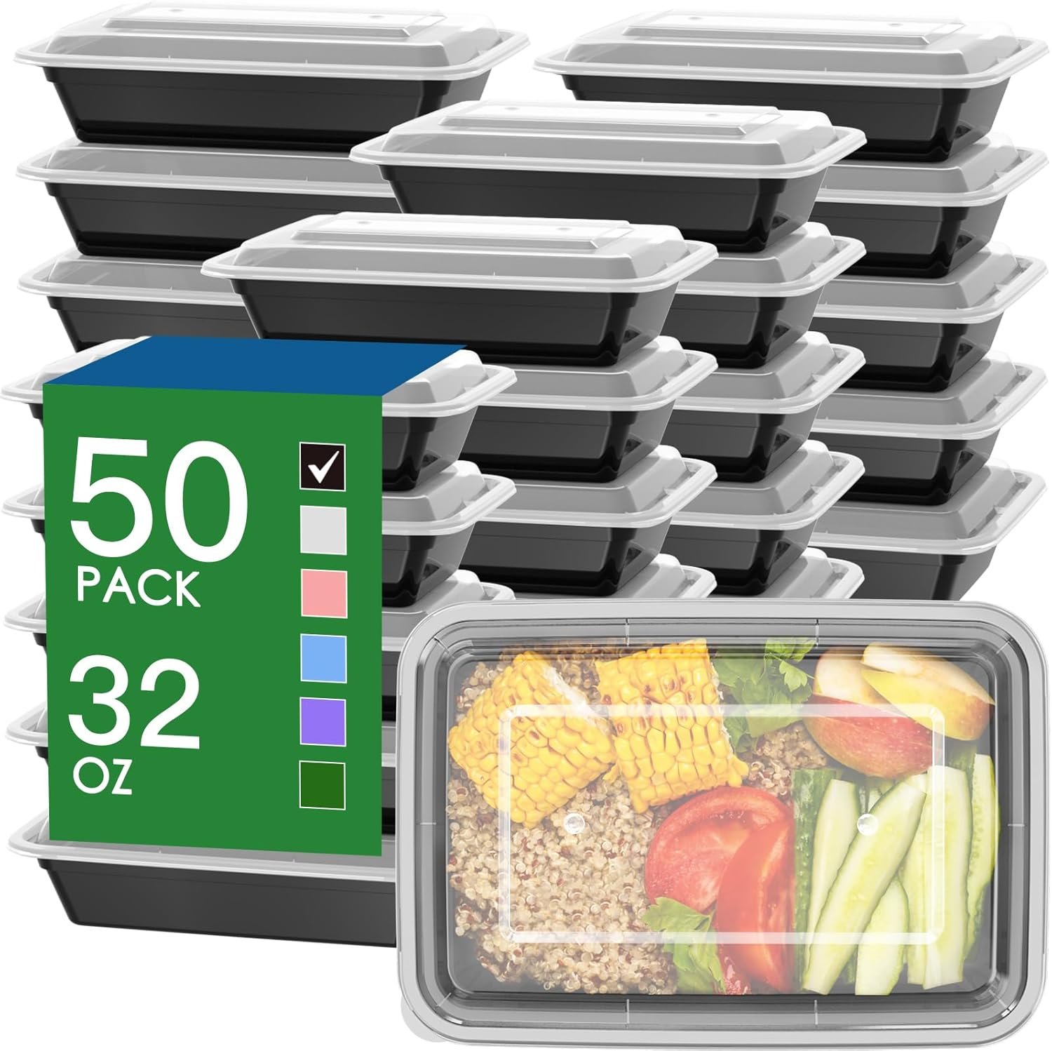 Saját Márkás 50 Csomag (100 db) 32 oz Újrahasználható Ételfelkészítő Konténerek Könnyen Nyitható Fedéllel Strapabíró Szivárgásmentes Egyedi Logóval Élelmiszerbiztonságos Mikró Fagyasztó Mosogatógép Biztonságos Fekete Műanyag Tároló Tepsik Gyártótól