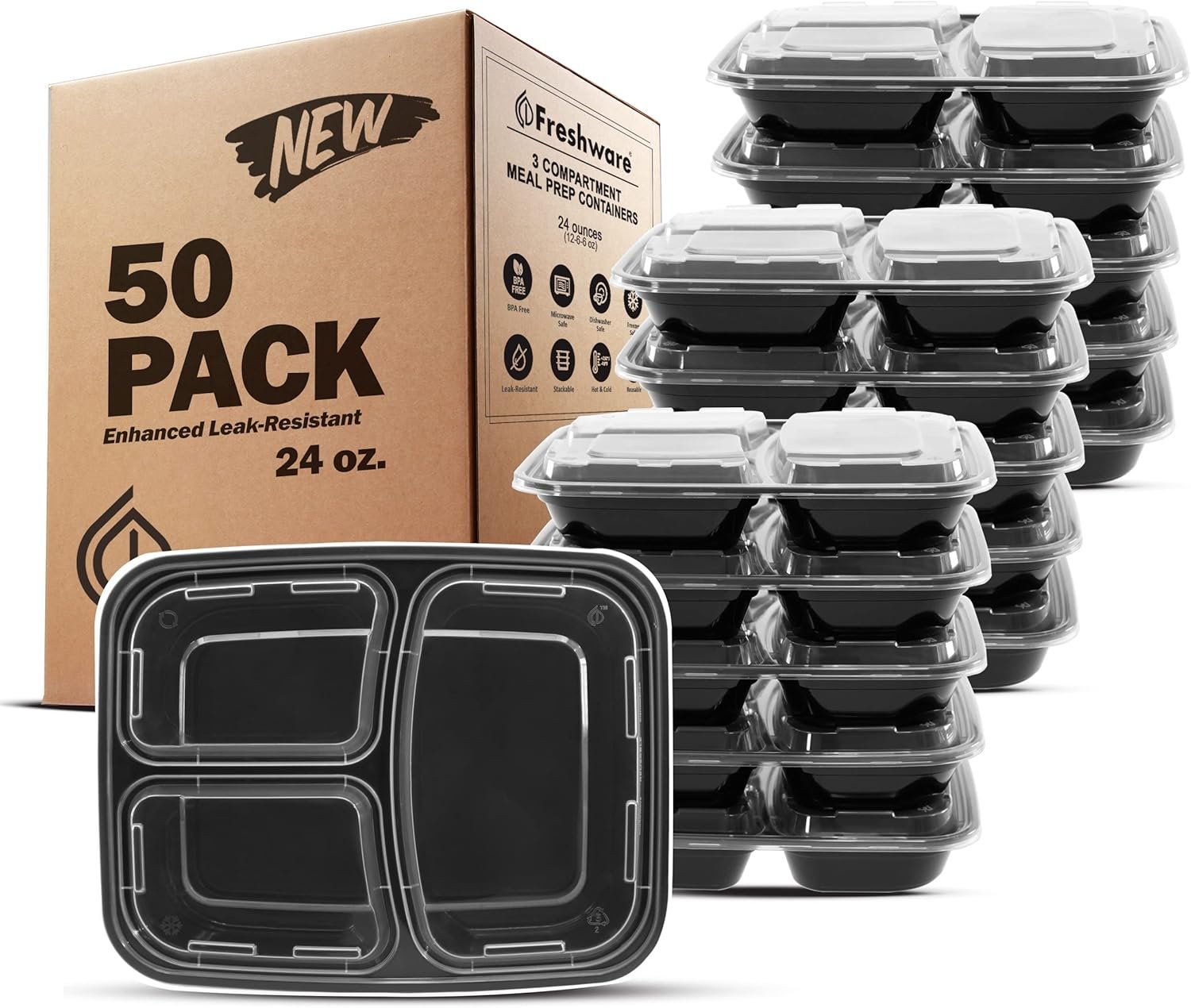 Saját Márkás [50 Db] 3 Rekeszes Ételfelkészítő Tárolók Egyedi Logóval Tetővel Bento Box BPA-Mentes Rakásolható Mikro/Mosogatógép/Fagyasztó Biztonságos Gyártó (24 oz)