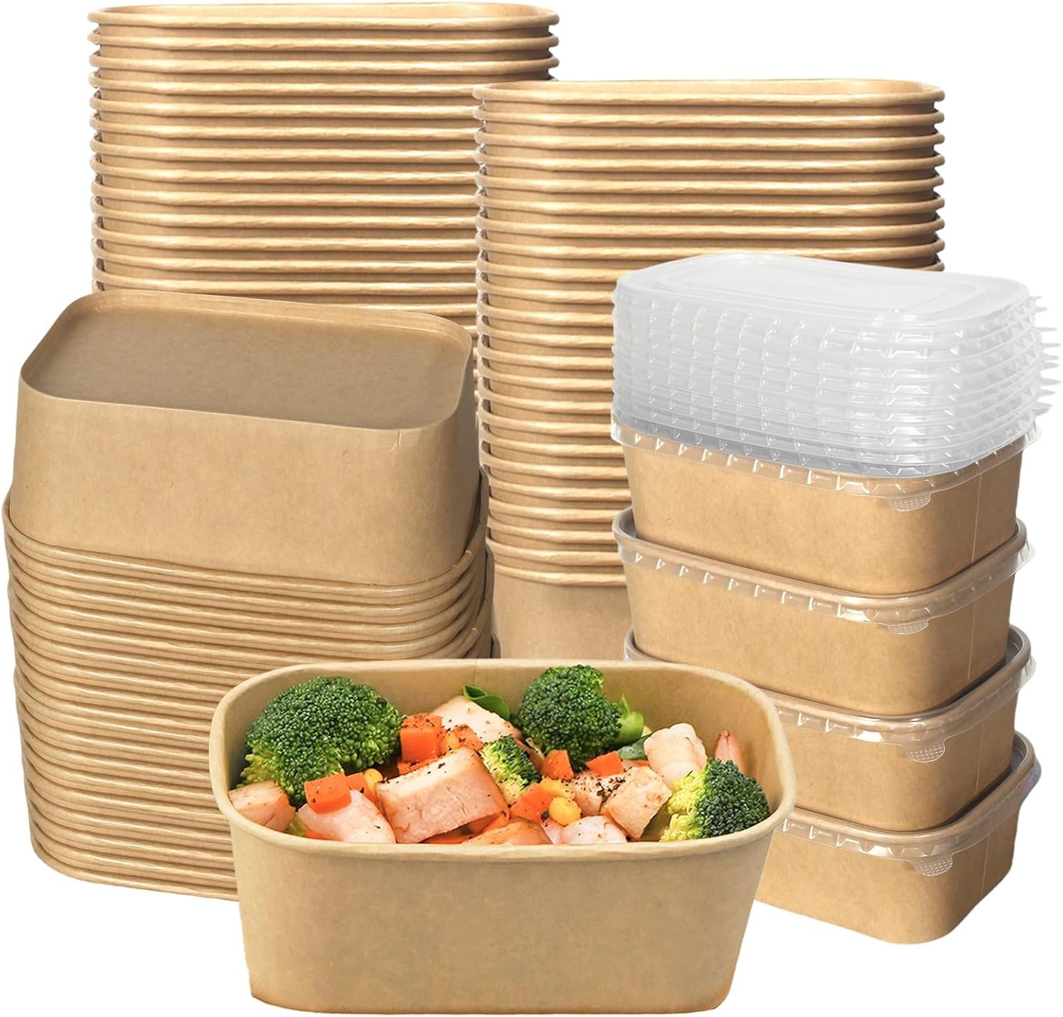 Saját Márkás 50 db 25 OZ Kraft Papír Saláta Tál Fedéllel Egyedi Logóval Zsírálló Téglalap Alakú Leves Tál Ételfelkészítés Nasi Elvitel Mikró Fagyasztó Biztonságos Gyártótól