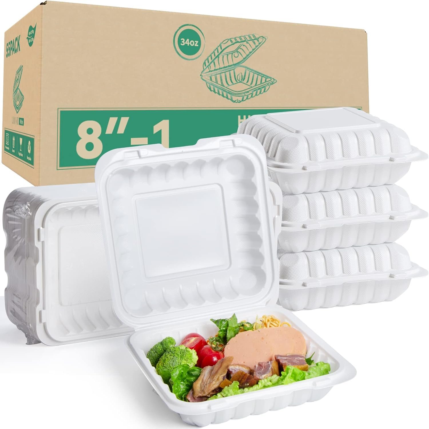 Saját Márkás Ásványtöltött PP Elviteles Ételtároló 8 Hüvelyk 34oz 55 Db Zsugorfóliás BPA-Mentes Egyedi Logóval Újrahasználható Mosogatógép Mikrohullám Fagyasztó Biztonságos Fehér Dobozok Ételkiszállításhoz Gyártótól
