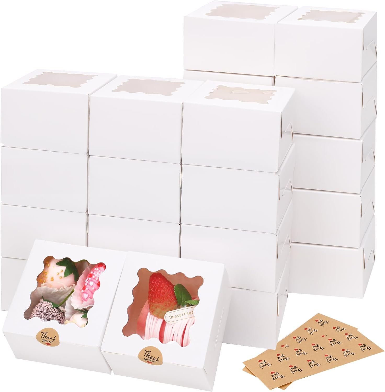 Saját Márkás Fehér Ablakos Süteménydobozok 24 db 10x10x6 cm Kis Matricás Pékdoboz Egyedi Logóval Kekszekhez Édességekhez Csokis Eprekhez Mini Tortákhoz Gyártótól