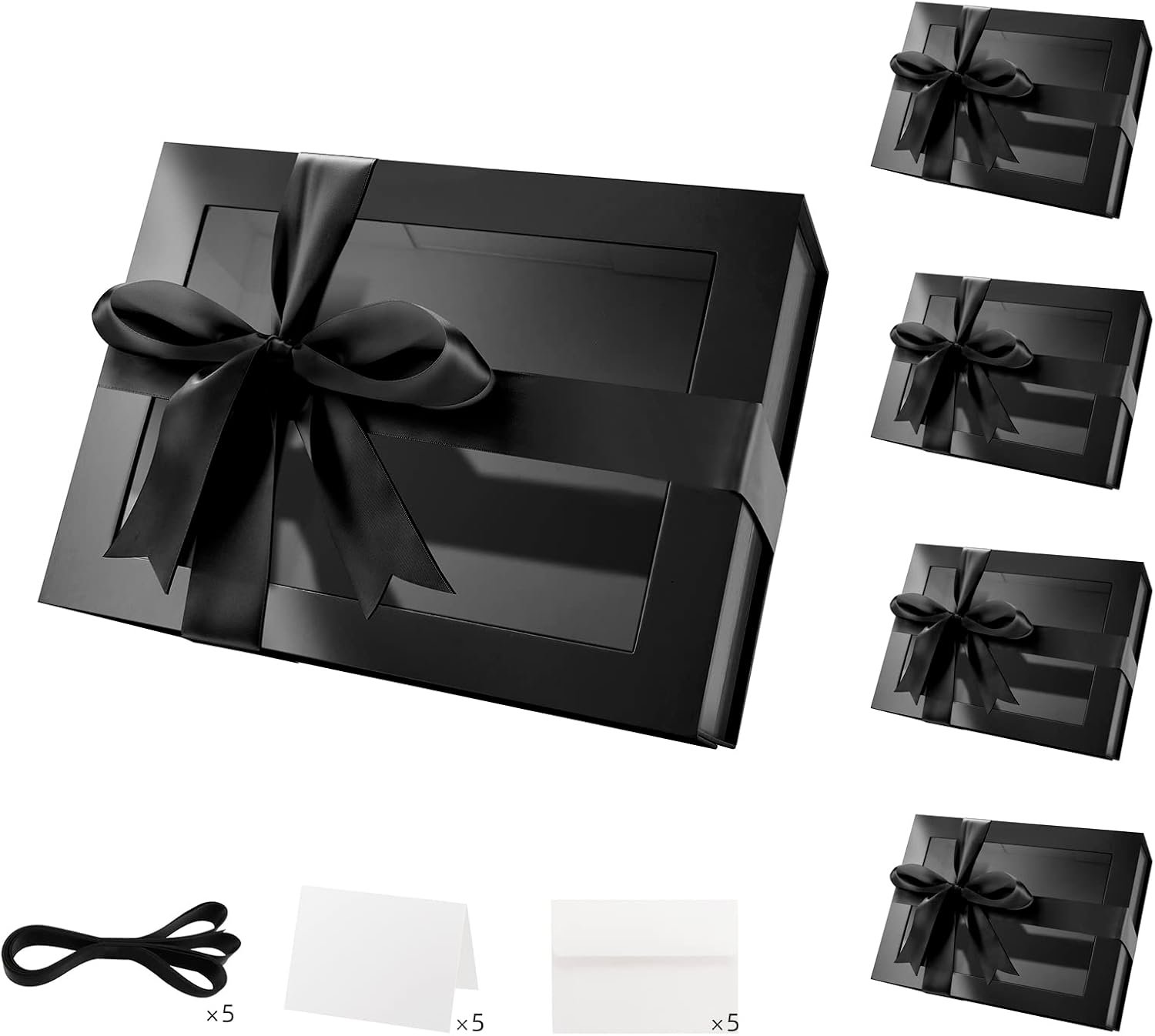 Saját Márkás Fekete Átlátszó Ablakos Ajándékdobozok Egyedi Logóval 5 db 23x16,5x9,7 cm Mágneses Tetős Fényes Fekete Vőfély Felkérő Szalagos Kártyás Dobozok Beszállítótól