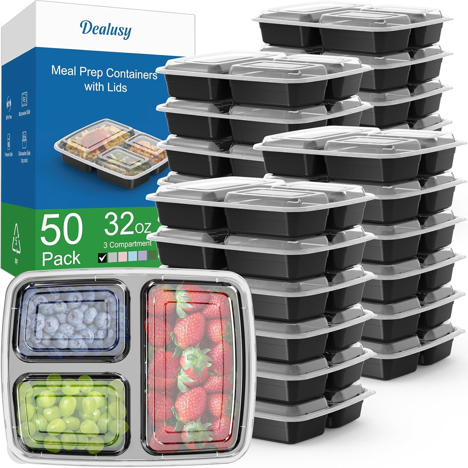 Saját márkás 50 csomag (100 db) 32 oz-os 3 rekeszes újrahasználható ételtároló doboz fedéllel egyedi logóval fekete szivárgásbiztos mikro- fagy- mosogatógép biztonságos gyártótól