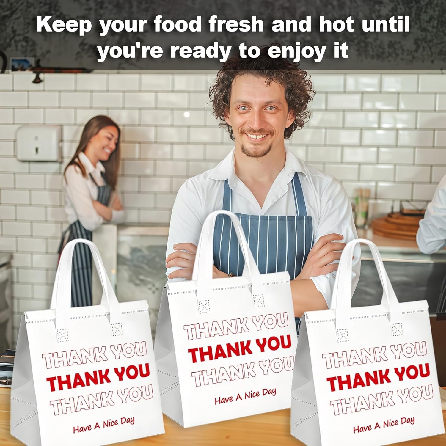 Gyártó 25 db Termo Szigetelt Elviteli Táskák Egyedi Logóval Meleg Hideg Ételekhez Kiszállítás Pizza Kávé Catering Étterem Saját Márkás 9.5x9.5x6 (Fehér)